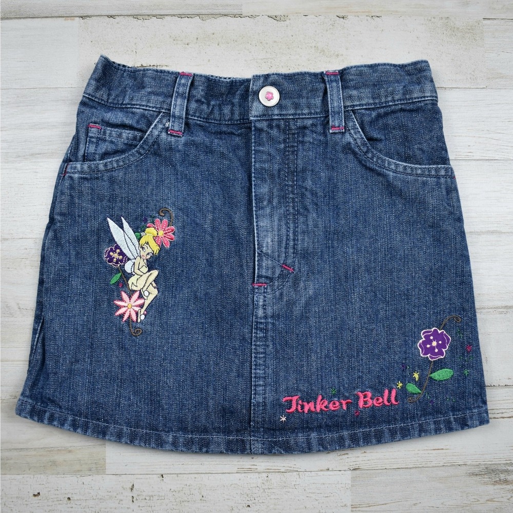 Vintage Disney Tinkerbell Denim Skirt Girls XS Blue Jean Embroidered Ruffles Y2K